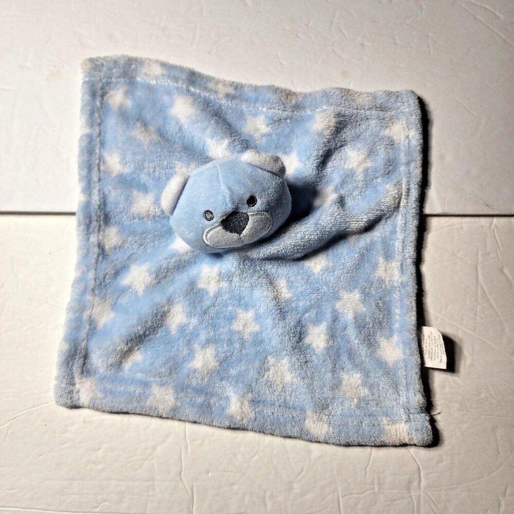 Gentle Steps Security Blanket Sky Blue Bear White Stars Plush Sewn Eyes 11"x11"